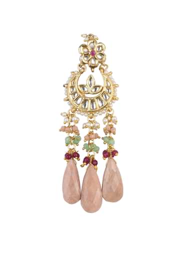 Pink Tone Crescent Moon Kundan Danglers With Stone Drops