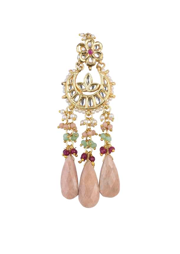 Pink Tone Crescent Moon Kundan Danglers With Stone Drops Pink Tone Crescent Moon Kundan Danglers With Stone Drops