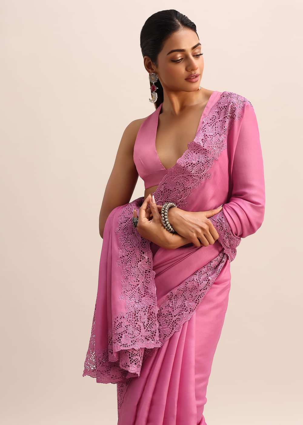 Pink Tussar Silk Saree With Thread And Cutwork On Border Pallu With Unstitched Blouse