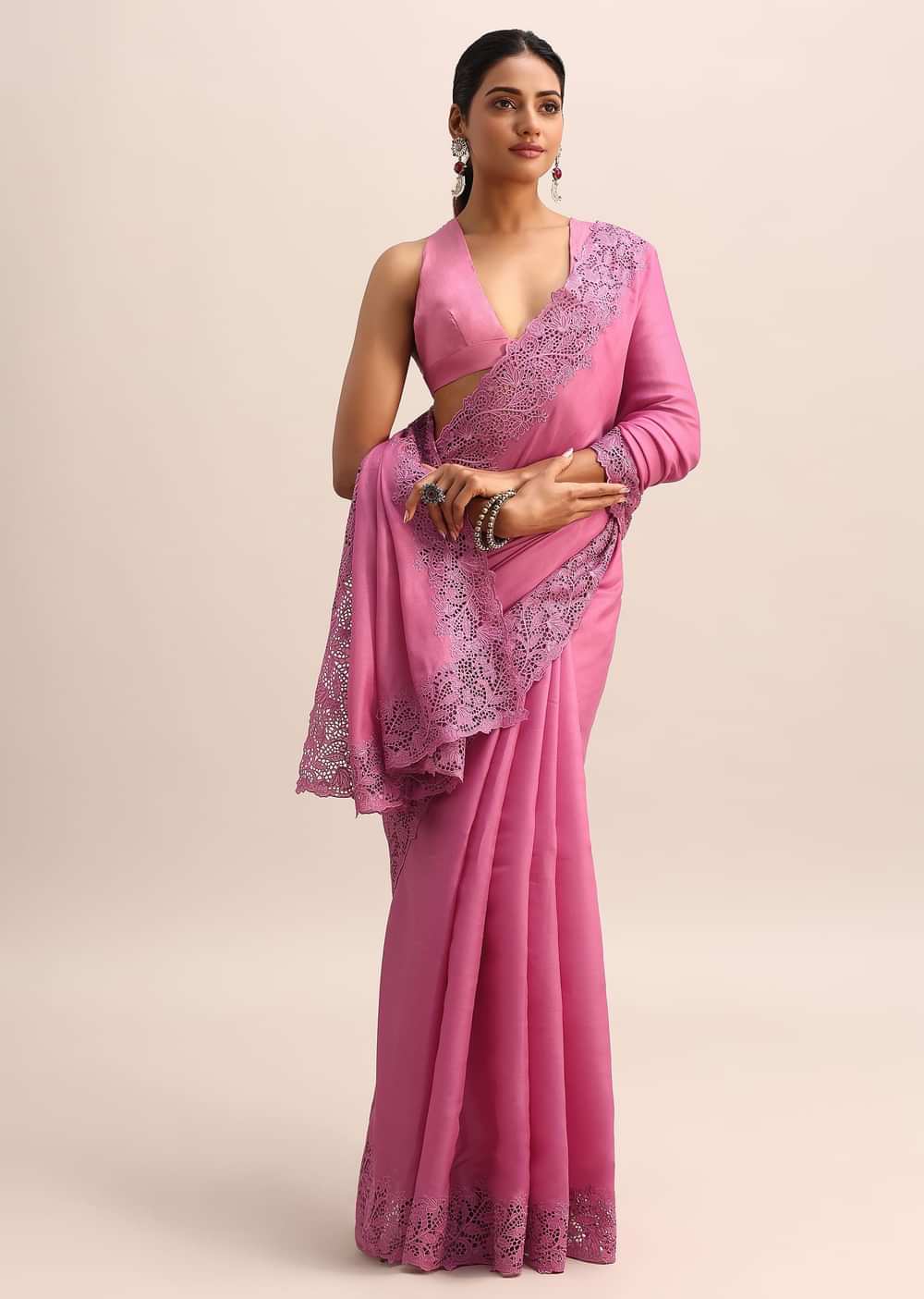Pink Tussar Silk Saree With Thread And Cutwork On Border Pallu With Unstitched Blouse