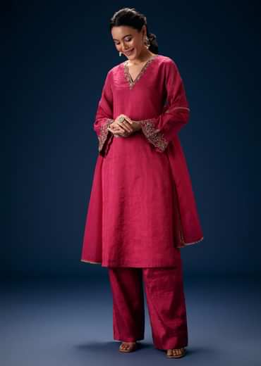 Pink V Neck Embroidered Kurta Set With Dupatta