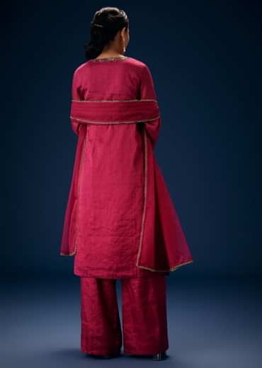 Pink V Neck Embroidered Kurta Set With Dupatta