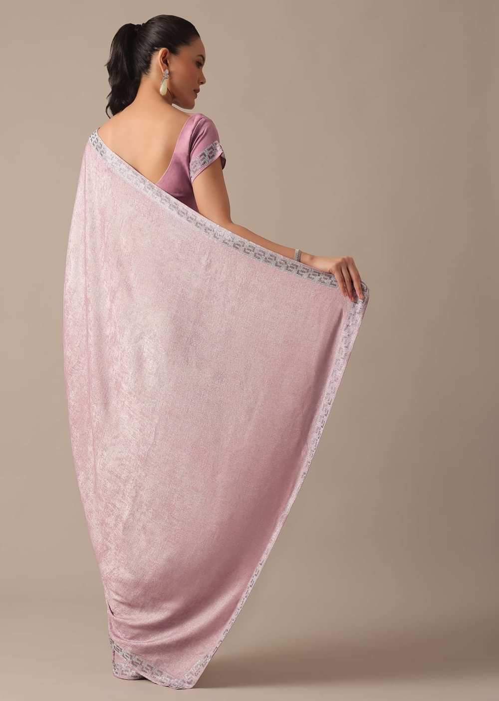 Pink Foil Georgette Saree With Swarovski Work And Unstitched Blouse Piece