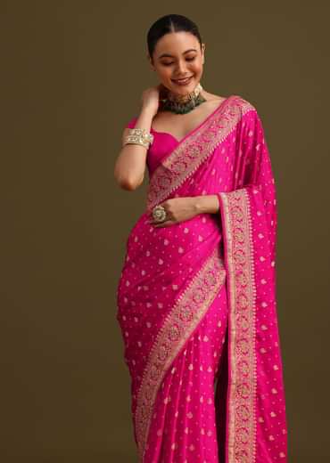 Rani Pink Zardosi Embroidered Saree With Unstitched Blouse