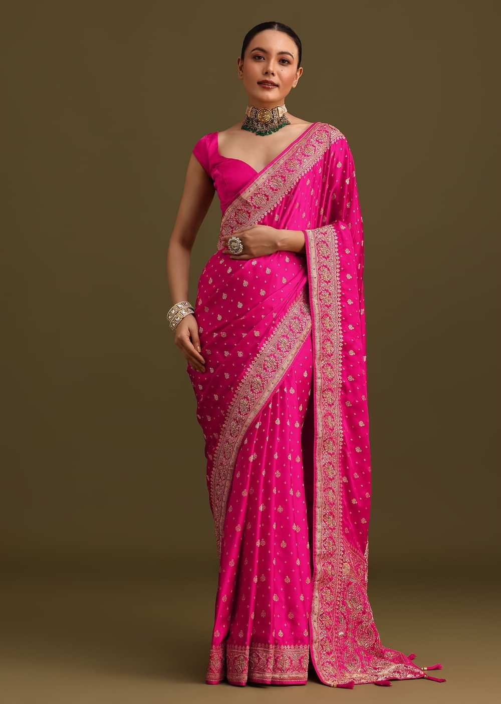 Rani Pink Zardosi Embroidered Saree With Unstitched Blouse