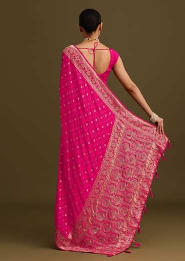 Rani Pink Zardosi Embroidered Saree With Unstitched Blouse