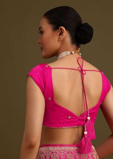 Rani Pink Zardosi Embroidered Saree With Unstitched Blouse
