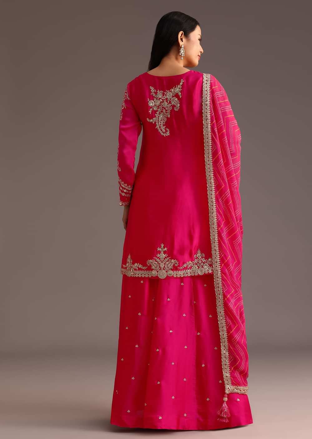 Pink Zari Work Palazzo Set With Organza Dupatta