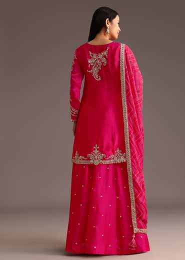 Pink Zari Work Palazzo Set With Organza Dupatta