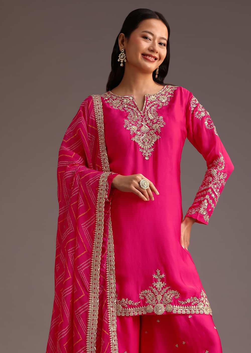 Pink Zari Work Palazzo Set With Organza Dupatta