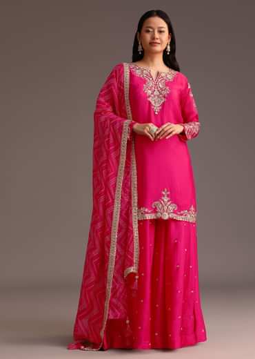 Pink Zari Work Palazzo Set With Organza Dupatta
