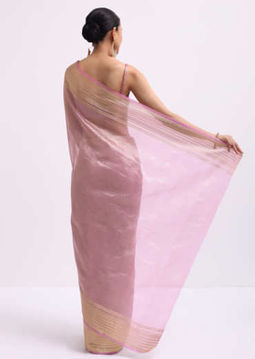 Pink Zari Woven Chanderi Saree With Unstitched Blouse
