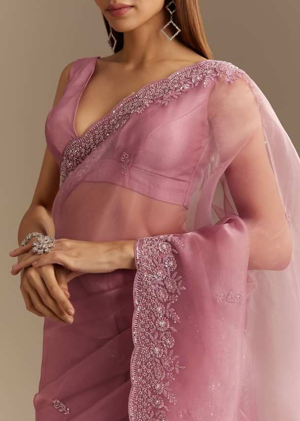 Pinkish Lavender Tissue Saree With Sequins Cutdana And Scallop Border