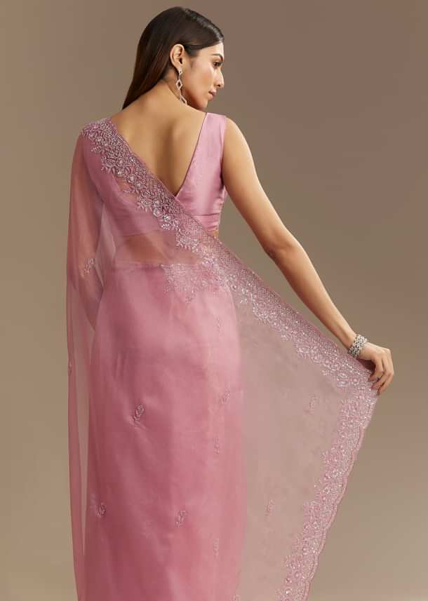 Pinkish Lavender Tissue Saree With Sequins Cutdana And Scallop Border