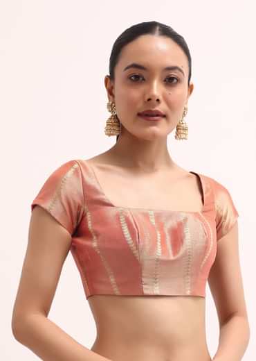 Pinkish Gold Zari Chanderi Silk Saree With Unstitched Border