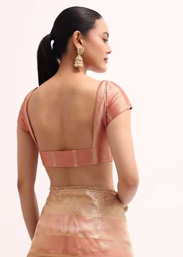 Pinkish Gold Zari Chanderi Silk Saree With Unstitched Border