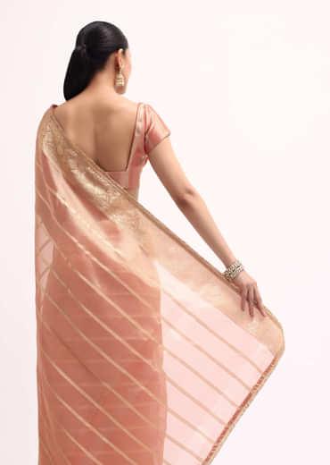 Pinkish Gold Zari Chanderi Silk Saree With Unstitched Border