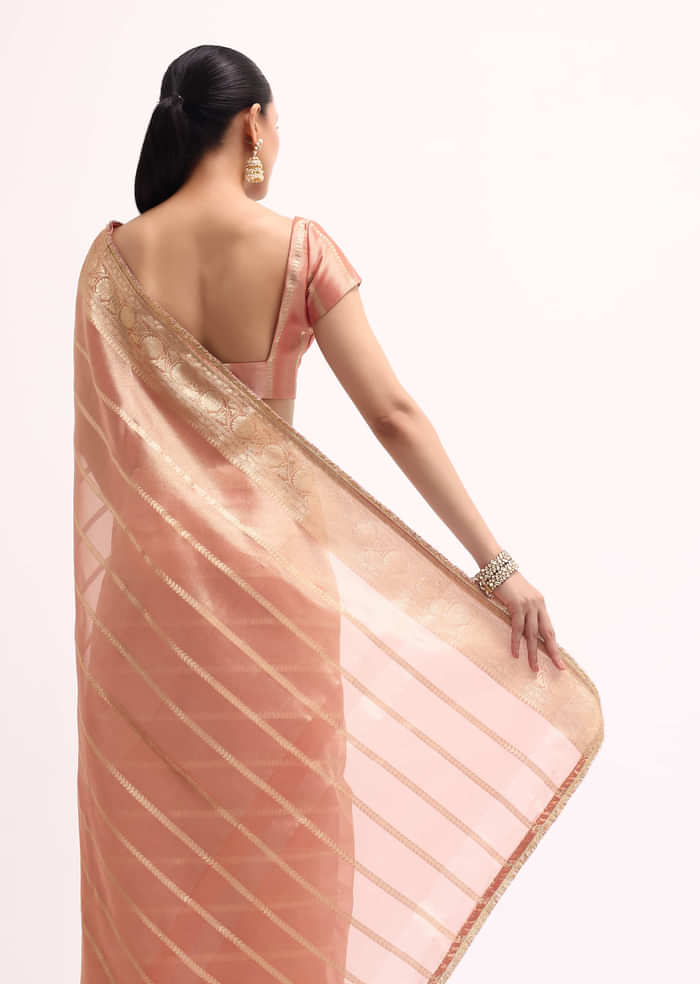 Pinkish Gold Zari Chanderi Silk Saree With Unstitched Border