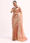 Pinkish Gold Zari Chanderi Silk Saree With Unstitched Border