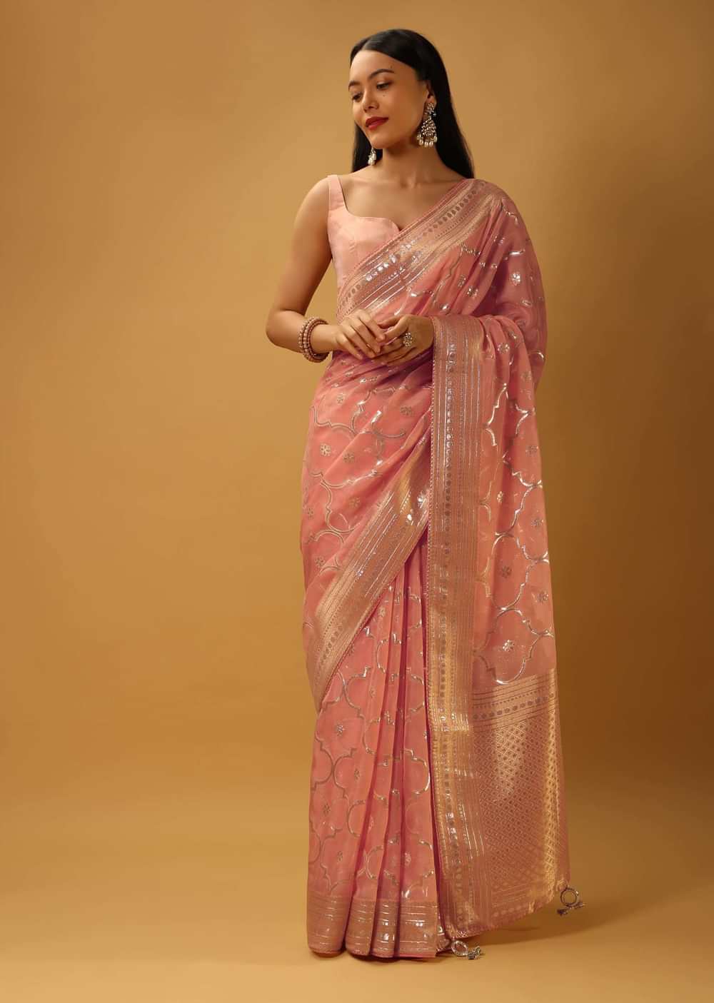 Pinkish Peach Saree In Organza With Woven Moroccan Jaal