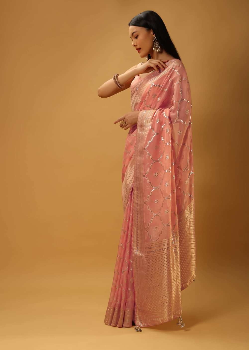 Pinkish Peach Saree In Organza With Woven Moroccan Jaal