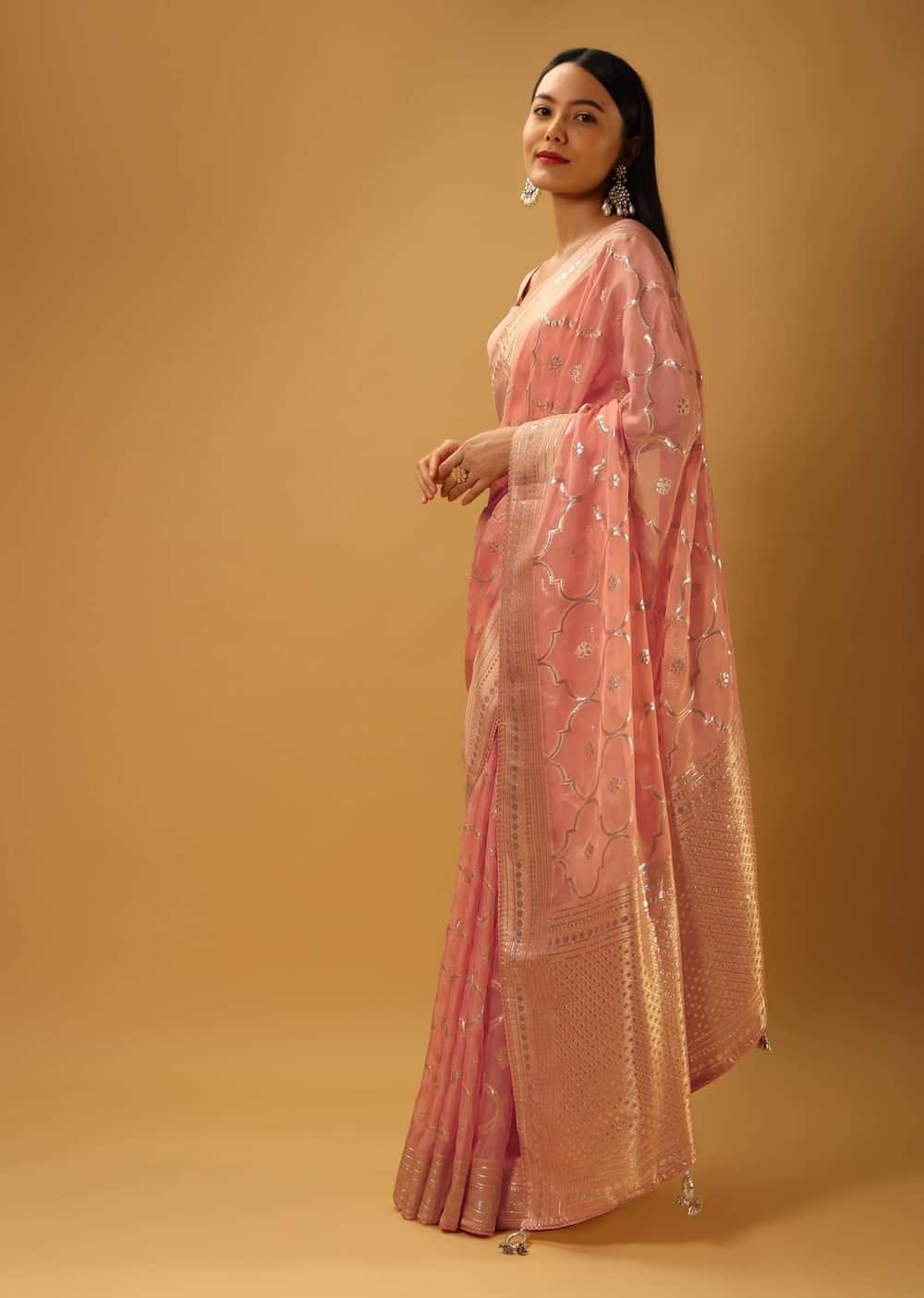 Pinkish Peach Saree In Organza With Woven Moroccan Jaal