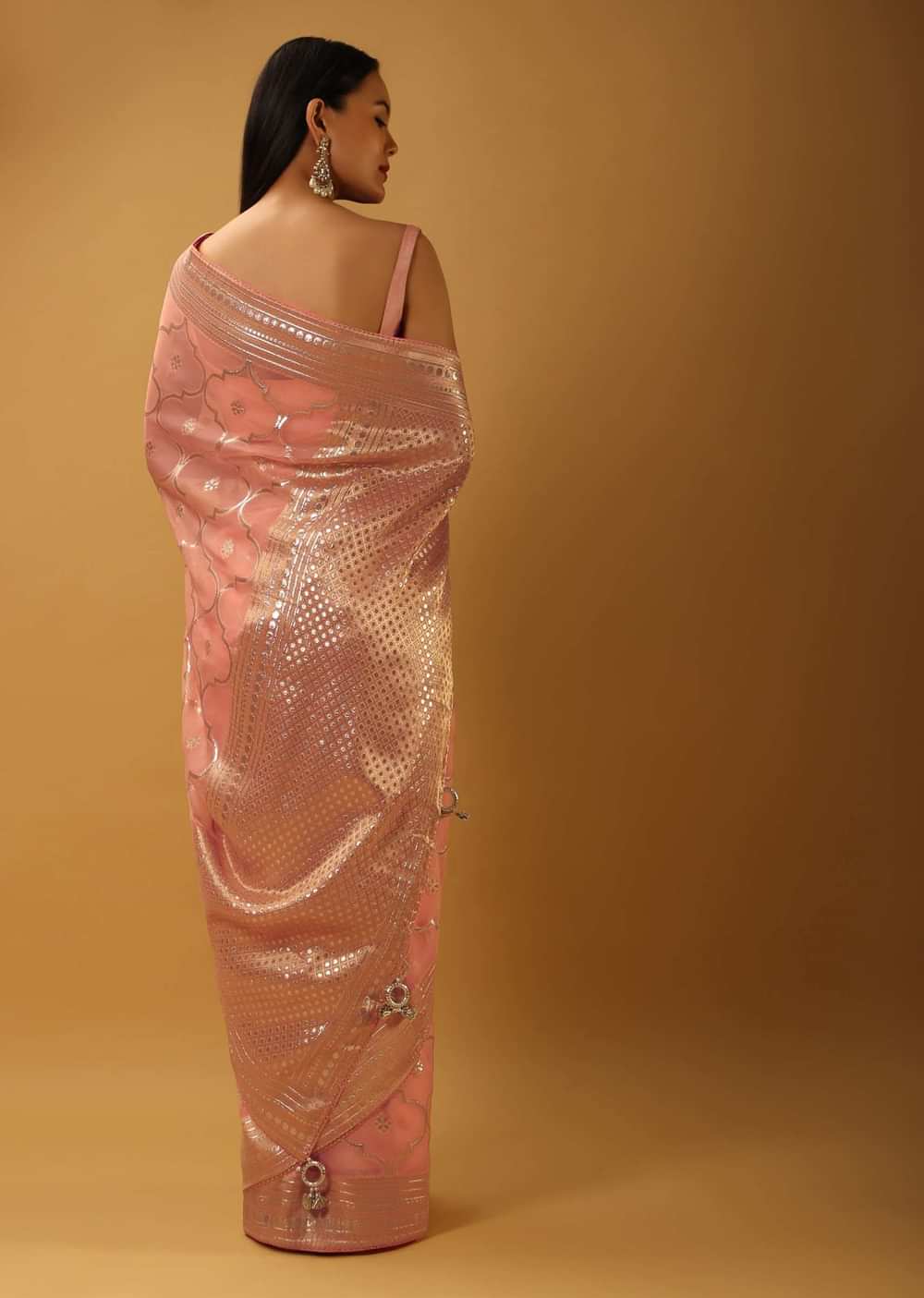 Pinkish Peach Saree In Organza With Woven Moroccan Jaal