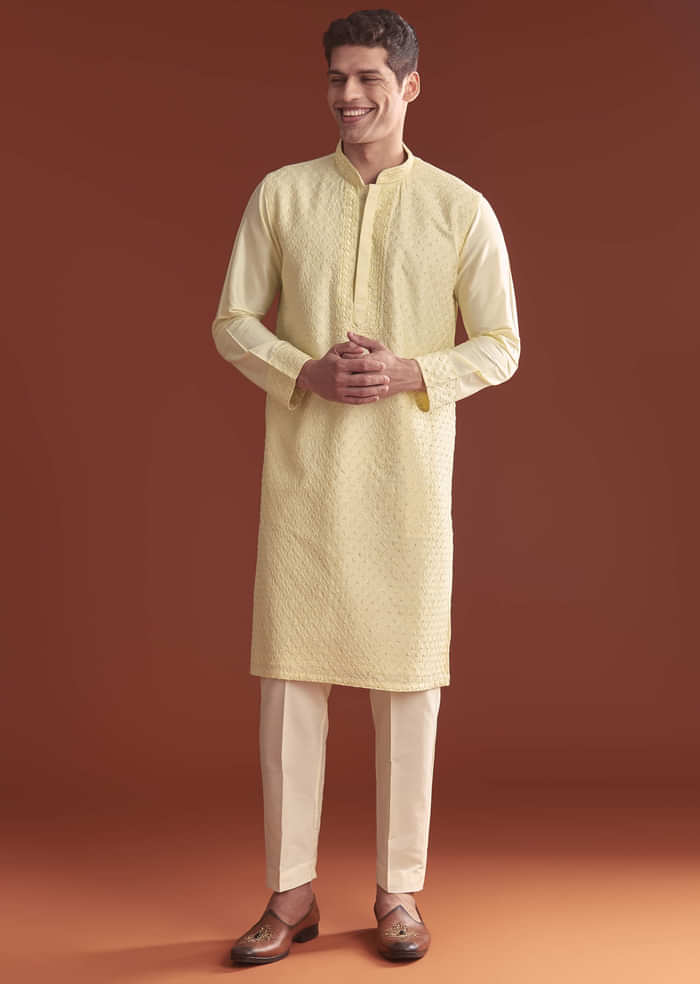 Pista Green Banarasi Silk Kurta Set For Men With Intricate Embroidery