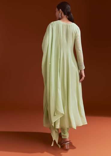 Pista Green Chinon Beaded Stone Work Anarkali Suit