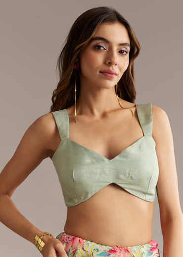 Pista Green Crepe Saree With Floral Print And Sequin Work