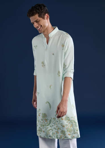 Pista Green Printed Mens Kurta and Pant Set