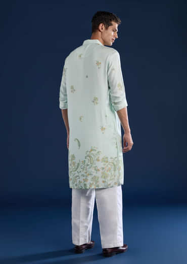 Pista Green Printed Mens Kurta and Pant Set