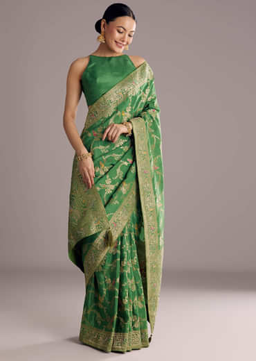 Pista Green Saree With Zari Jaal Weave And Stone Embellishments