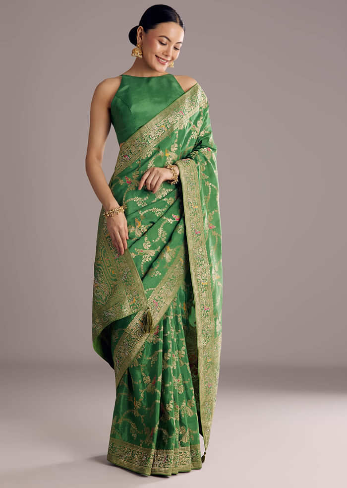 Pista Green Saree With Zari Jaal Weave And Stone Embellishments