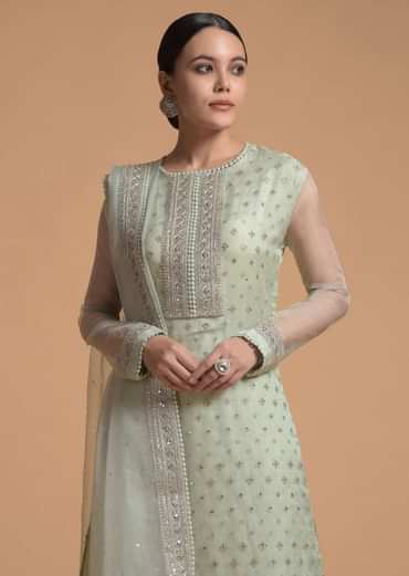 Pista Green Straight Cut Suit With Sequins Buttis All Over And Cord Embroidery On The Placket And Border