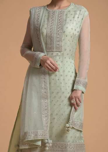 Pista Green Straight Cut Suit With Sequins Buttis All Over And Cord Embroidery On The Placket And Border