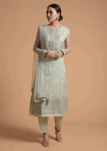 Pista Green Straight Cut Suit With Sequins Buttis All Over And Cord Embroidery On The Placket And Border