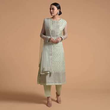Pista Green Straight Cut Suit With Sequins Buttis All Over And Cord Embroidery On The Placket And Border