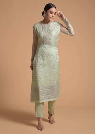 Pista Green Straight Cut Suit With Sequins Buttis All Over And Cord Embroidery On The Placket And Border