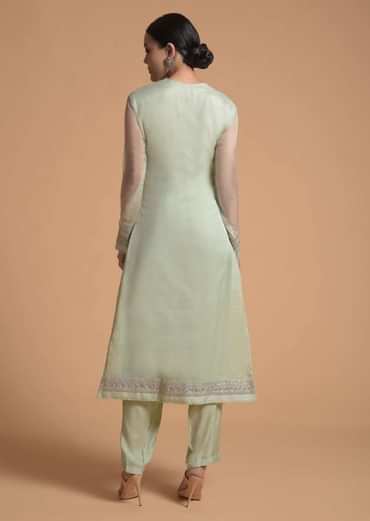Pista Green Straight Cut Suit With Sequins Buttis All Over And Cord Embroidery On The Placket And Border