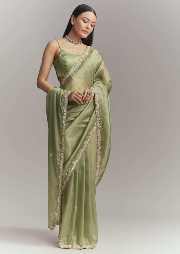 Pista Green Tissue Embroidered Saree With Heavy Hand Embroidery Pista Green Tissue Embroidered Saree With Heavy Hand Embroidery