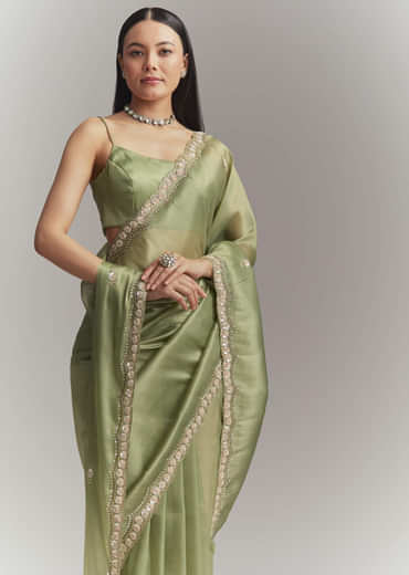 Pista Green Tissue Embroidered Saree With Heavy Hand Embroidery