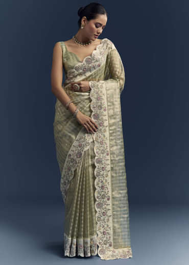 Pista Green Tissue Organza Woven Saree With Heavy Hand Embroidery Pista Green Tissue Organza Woven Saree With Heavy Hand Embroidery