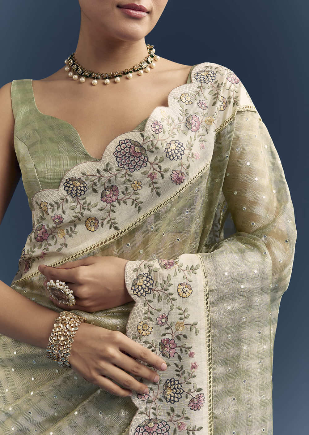 Pista Green Tissue Organza Woven Saree With Heavy Hand Embroidery