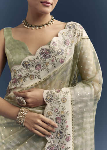 Pista Green Tissue Organza Woven Saree With Heavy Hand Embroidery Pista Green Tissue Organza Woven Saree With Heavy Hand Embroidery