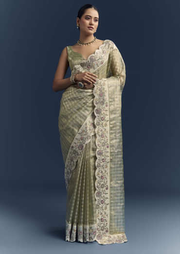Pista Green Tissue Organza Woven Saree With Heavy Hand Embroidery Pista Green Tissue Organza Woven Saree With Heavy Hand Embroidery