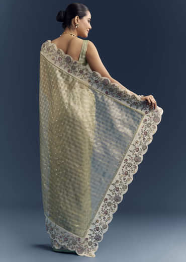 Pista Green Tissue Organza Woven Saree With Heavy Hand Embroidery Pista Green Tissue Organza Woven Saree With Heavy Hand Embroidery