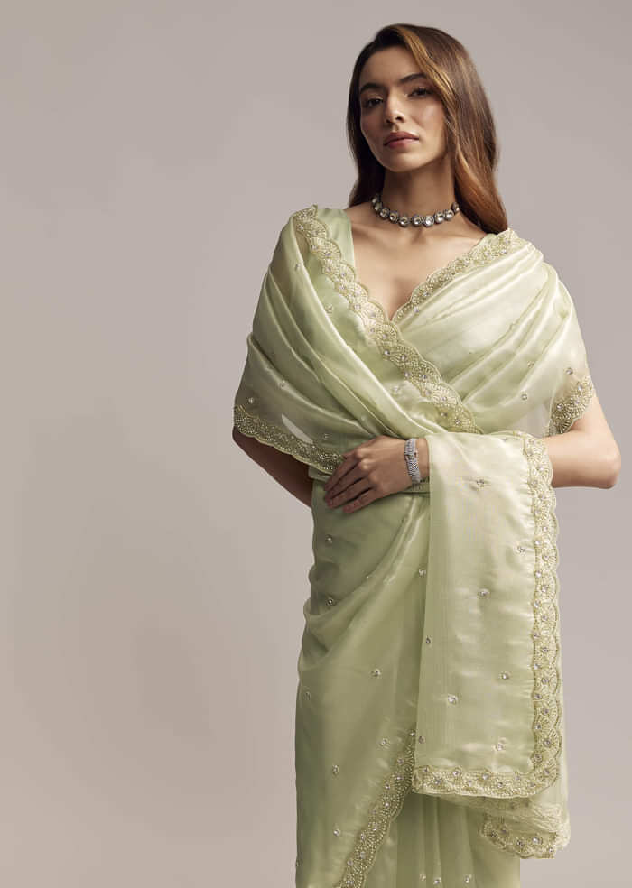 Pista Green Tissue Saree With Butti Work Embroidery