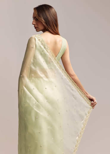 Pista Green Tissue Saree With Butti Work Embroidery