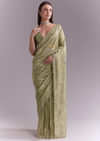Pista Green Tissue Saree With Heavy Floral Embroidery